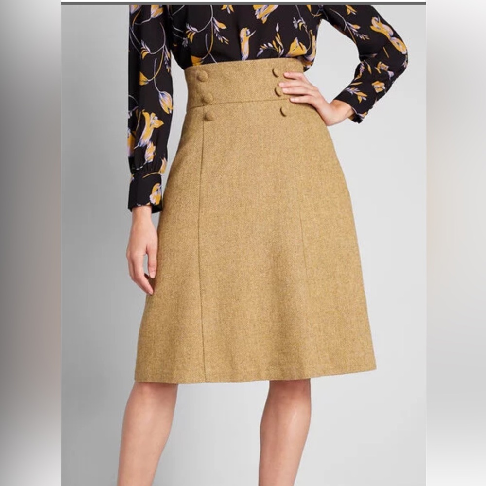 Modcloth Tweed Mustard A-Line Skirt Sz 20 Twee Retro 50s Rockabilly - Picture 2 of 8